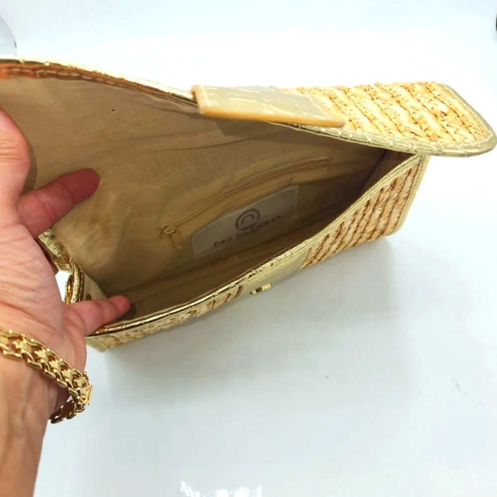 Big Buddha Straw Faux Leather Gold Crocs Trim Accents Fold Over Clutch